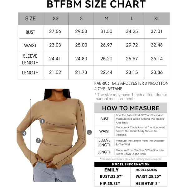 BTFBM Womens Casual Tops Fall Winter 2024 Long Sleeve Crew Neck Workout Stretchy Slim Fit Basic Y2K Going Out ShirtSolid Khaki