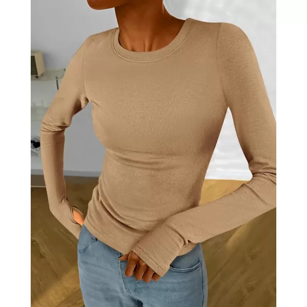 BTFBM Womens Casual Tops Fall Winter 2024 Long Sleeve Crew Neck Workout Stretchy Slim Fit Basic Y2K Going Out ShirtSolid Khaki