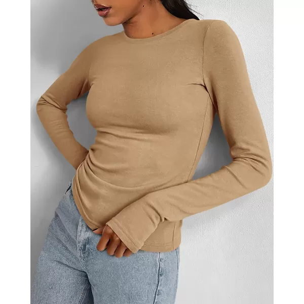 BTFBM Womens Casual Tops Fall Winter 2024 Long Sleeve Crew Neck Workout Stretchy Slim Fit Basic Y2K Going Out ShirtSolid Khaki