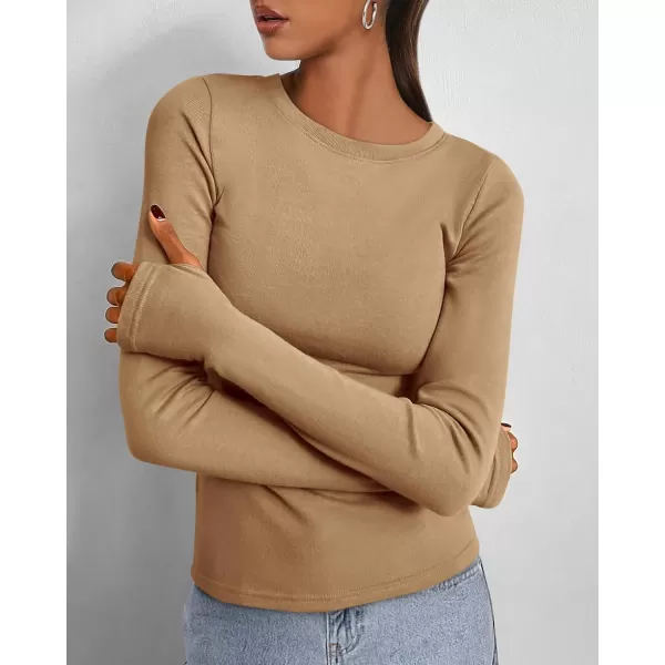 BTFBM Womens Casual Tops Fall Winter 2024 Long Sleeve Crew Neck Workout Stretchy Slim Fit Basic Y2K Going Out ShirtSolid Khaki