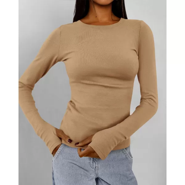 BTFBM Womens Casual Tops Fall Winter 2024 Long Sleeve Crew Neck Workout Stretchy Slim Fit Basic Y2K Going Out ShirtSolid Khaki