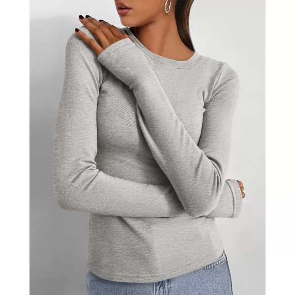BTFBM Womens Casual Tops Fall Winter 2024 Long Sleeve Crew Neck Workout Stretchy Slim Fit Basic Y2K Going Out ShirtSolid Light Grey