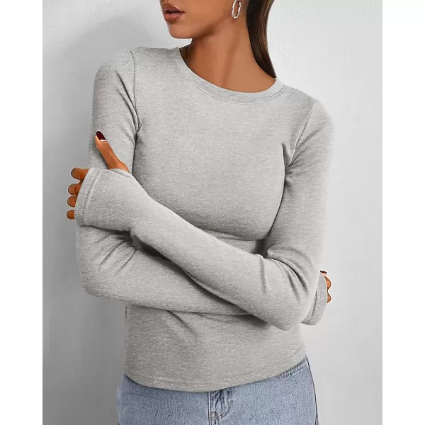 BTFBM Womens Casual Tops Fall Winter 2024 Long Sleeve Crew Neck Workout Stretchy Slim Fit Basic Y2K Going Out ShirtSolid Light Grey