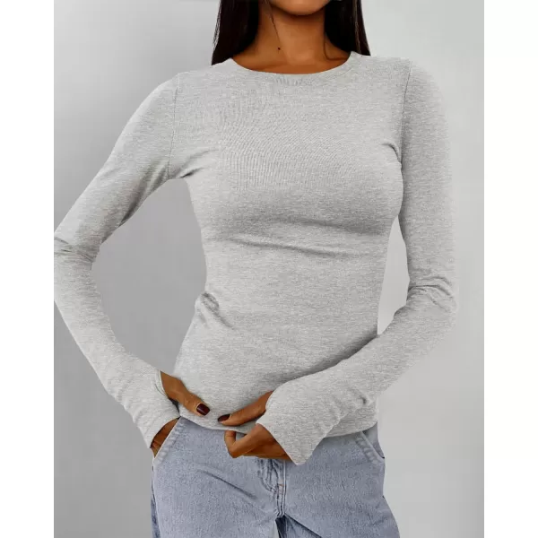 BTFBM Womens Casual Tops Fall Winter 2024 Long Sleeve Crew Neck Workout Stretchy Slim Fit Basic Y2K Going Out ShirtSolid Light Grey