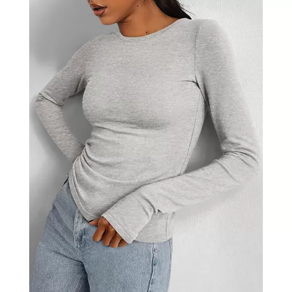 BTFBM Womens Casual Tops Fall Winter 2024 Long Sleeve Crew Neck Workout Stretchy Slim Fit Basic Y2K Going Out ShirtSolid Light Grey