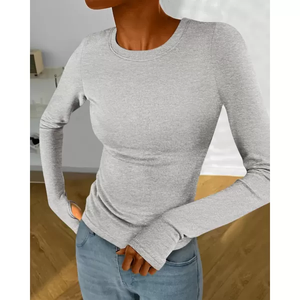 BTFBM Womens Casual Tops Fall Winter 2024 Long Sleeve Crew Neck Workout Stretchy Slim Fit Basic Y2K Going Out ShirtSolid Light Grey