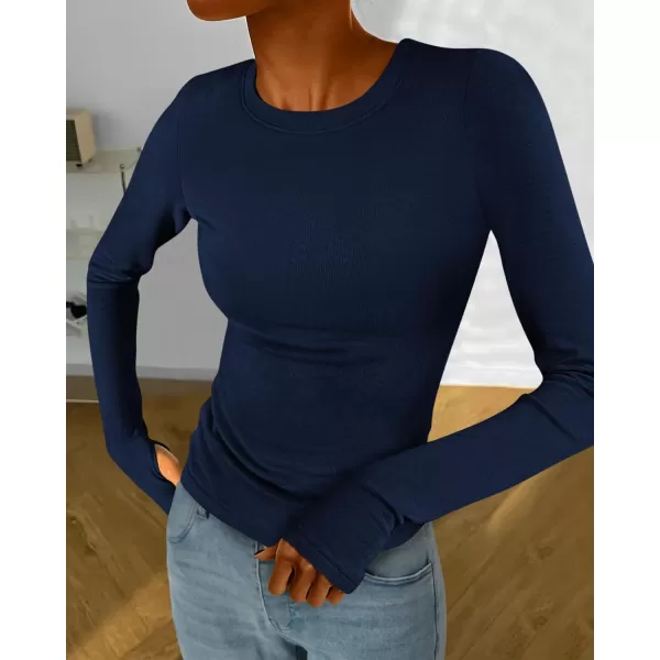 BTFBM Womens Casual Tops Fall Winter 2024 Long Sleeve Crew Neck Workout Stretchy Slim Fit Basic Y2K Going Out ShirtSolid Navy