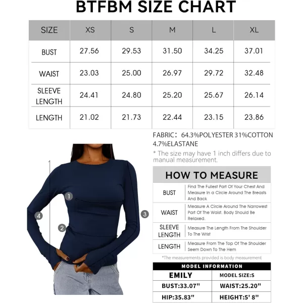BTFBM Womens Casual Tops Fall Winter 2024 Long Sleeve Crew Neck Workout Stretchy Slim Fit Basic Y2K Going Out ShirtSolid Navy