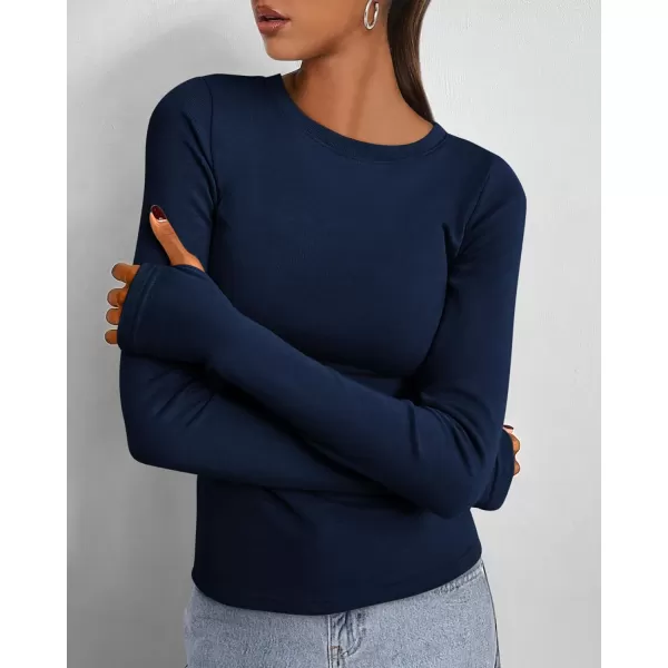 BTFBM Womens Casual Tops Fall Winter 2024 Long Sleeve Crew Neck Workout Stretchy Slim Fit Basic Y2K Going Out ShirtSolid Navy