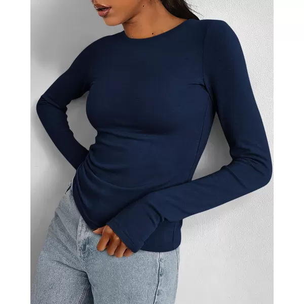 BTFBM Womens Casual Tops Fall Winter 2024 Long Sleeve Crew Neck Workout Stretchy Slim Fit Basic Y2K Going Out ShirtSolid Navy