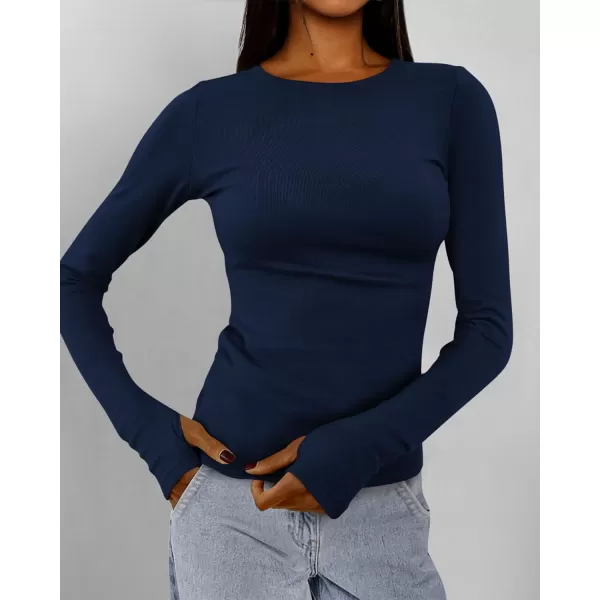 BTFBM Womens Casual Tops Fall Winter 2024 Long Sleeve Crew Neck Workout Stretchy Slim Fit Basic Y2K Going Out ShirtSolid Navy