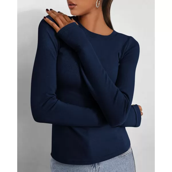 BTFBM Womens Casual Tops Fall Winter 2024 Long Sleeve Crew Neck Workout Stretchy Slim Fit Basic Y2K Going Out ShirtSolid Navy