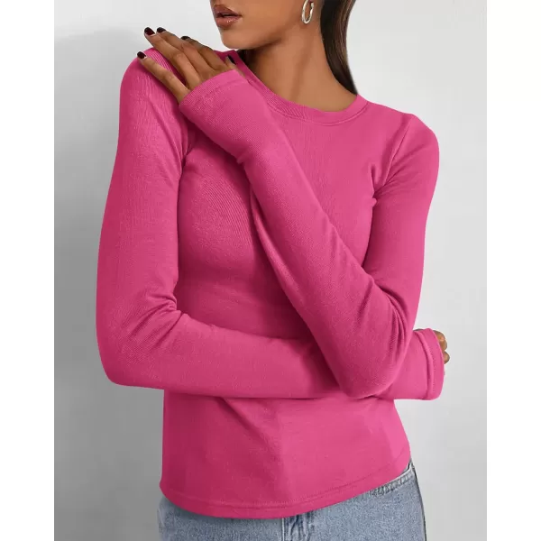BTFBM Womens Casual Tops Fall Winter 2024 Long Sleeve Crew Neck Workout Stretchy Slim Fit Basic Y2K Going Out ShirtSolid Rose Red