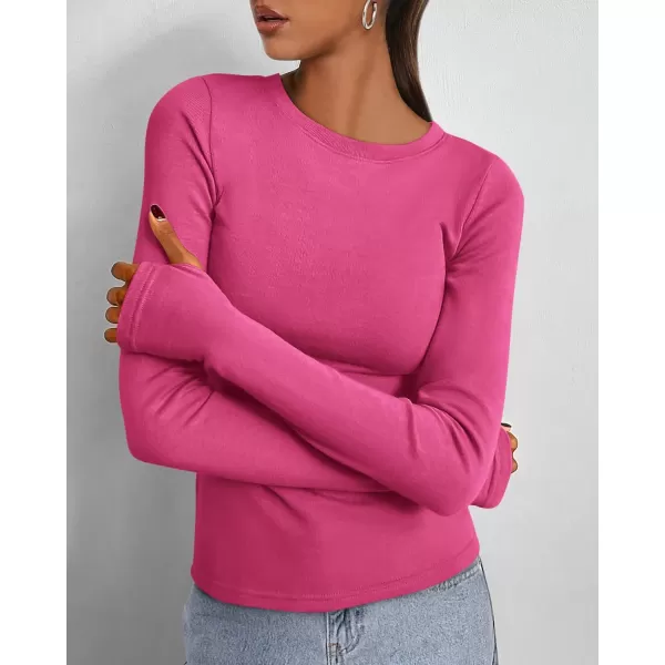 BTFBM Womens Casual Tops Fall Winter 2024 Long Sleeve Crew Neck Workout Stretchy Slim Fit Basic Y2K Going Out ShirtSolid Rose Red