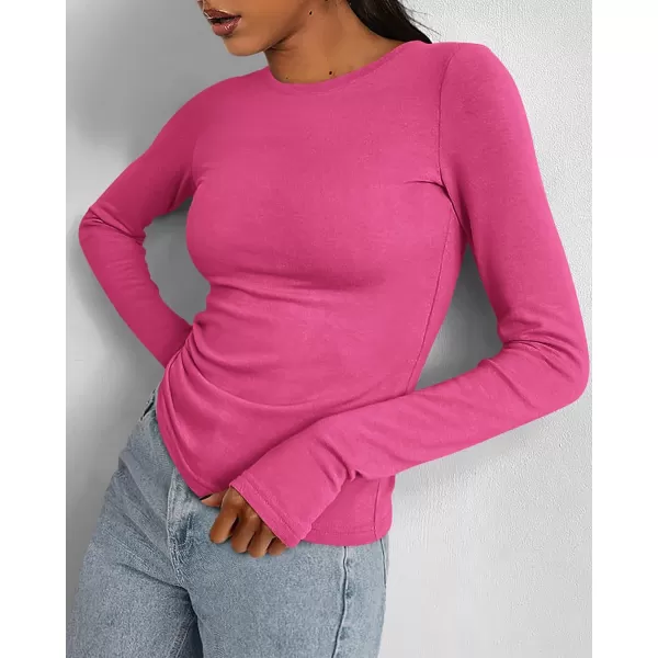 BTFBM Womens Casual Tops Fall Winter 2024 Long Sleeve Crew Neck Workout Stretchy Slim Fit Basic Y2K Going Out ShirtSolid Rose Red