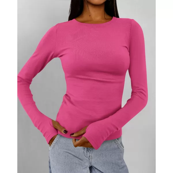 BTFBM Womens Casual Tops Fall Winter 2024 Long Sleeve Crew Neck Workout Stretchy Slim Fit Basic Y2K Going Out ShirtSolid Rose Red
