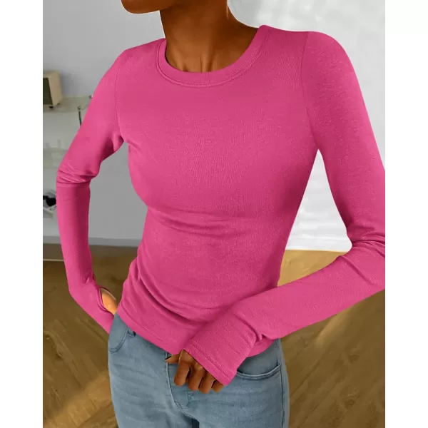 BTFBM Womens Casual Tops Fall Winter 2024 Long Sleeve Crew Neck Workout Stretchy Slim Fit Basic Y2K Going Out ShirtSolid Rose Red