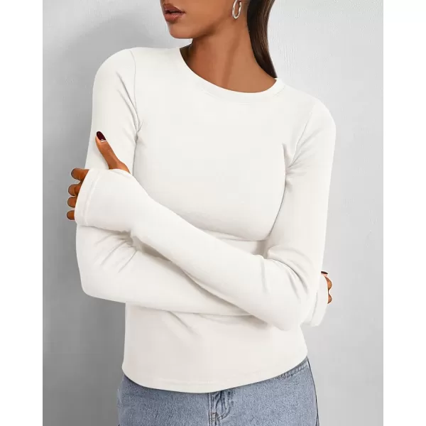 BTFBM Womens Casual Tops Fall Winter 2024 Long Sleeve Crew Neck Workout Stretchy Slim Fit Basic Y2K Going Out ShirtSolid White