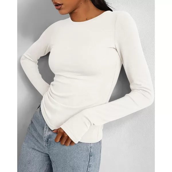 BTFBM Womens Casual Tops Fall Winter 2024 Long Sleeve Crew Neck Workout Stretchy Slim Fit Basic Y2K Going Out ShirtSolid White