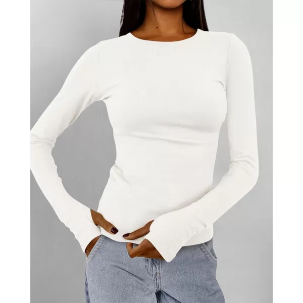 BTFBM Womens Casual Tops Fall Winter 2024 Long Sleeve Crew Neck Workout Stretchy Slim Fit Basic Y2K Going Out ShirtSolid White