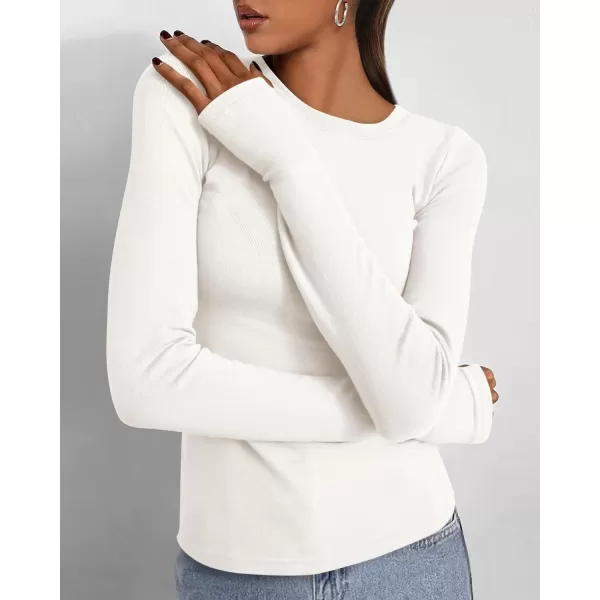 BTFBM Womens Casual Tops Fall Winter 2024 Long Sleeve Crew Neck Workout Stretchy Slim Fit Basic Y2K Going Out ShirtSolid White