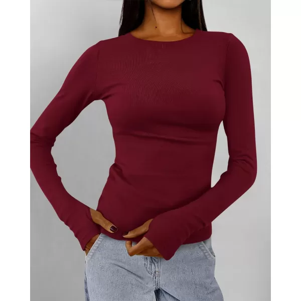 BTFBM Womens Casual Tops Fall Winter 2024 Long Sleeve Crew Neck Workout Stretchy Slim Fit Basic Y2K Going Out ShirtSolid Wine Red