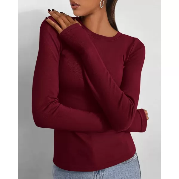 BTFBM Womens Casual Tops Fall Winter 2024 Long Sleeve Crew Neck Workout Stretchy Slim Fit Basic Y2K Going Out ShirtSolid Wine Red