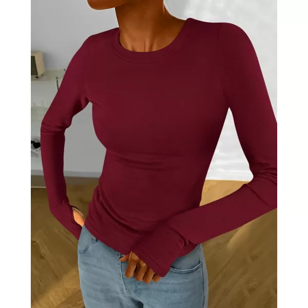 BTFBM Womens Casual Tops Fall Winter 2024 Long Sleeve Crew Neck Workout Stretchy Slim Fit Basic Y2K Going Out ShirtSolid Wine Red