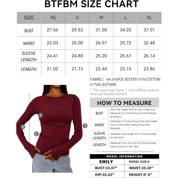 BTFBM Womens Casual Tops Fall Winter 2024 Long Sleeve Crew Neck Workout Stretchy Slim Fit Basic Y2K Going Out ShirtSolid Wine Red