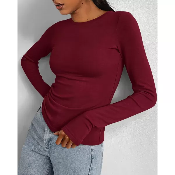 BTFBM Womens Casual Tops Fall Winter 2024 Long Sleeve Crew Neck Workout Stretchy Slim Fit Basic Y2K Going Out ShirtSolid Wine Red