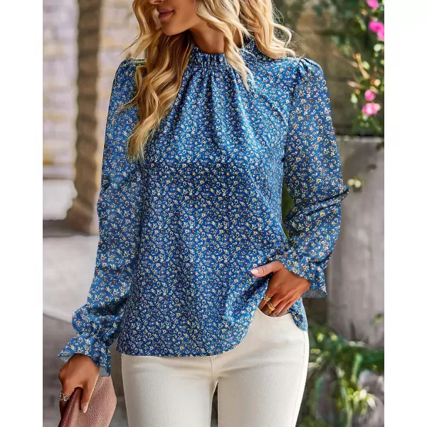 BTFBM Womens Long Sleeve Blouses Casual Boho Tops Frill Trim Mock Neck Floral Print 2024 Summer Fall Shirts Blouse TopFloral Blue