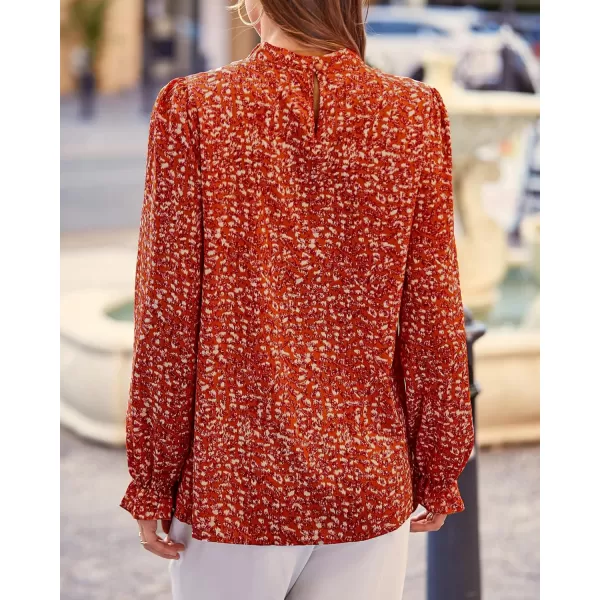 BTFBM Womens Long Sleeve Blouses Casual Boho Tops Frill Trim Mock Neck Floral Print 2024 Summer Fall Shirts Blouse TopFloral Orange Red