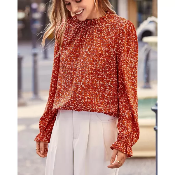 BTFBM Womens Long Sleeve Blouses Casual Boho Tops Frill Trim Mock Neck Floral Print 2024 Summer Fall Shirts Blouse TopFloral Orange Red
