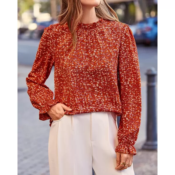 BTFBM Womens Long Sleeve Blouses Casual Boho Tops Frill Trim Mock Neck Floral Print 2024 Summer Fall Shirts Blouse TopFloral Orange Red