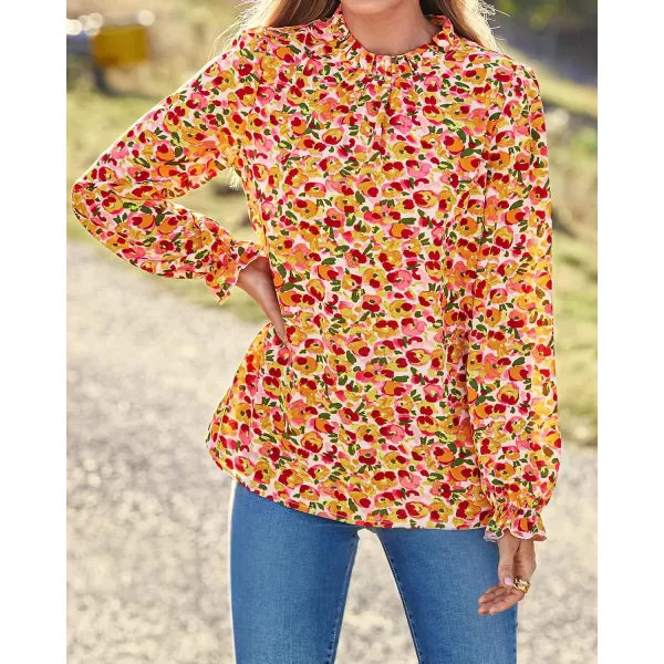 BTFBM Womens Long Sleeve Blouses Casual Boho Tops Frill Trim Mock Neck Floral Print 2024 Summer Fall Shirts Blouse TopFloral Pink