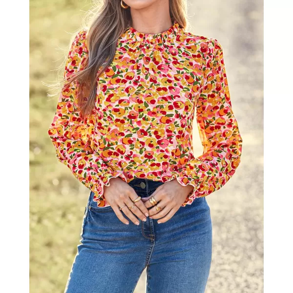 BTFBM Womens Long Sleeve Blouses Casual Boho Tops Frill Trim Mock Neck Floral Print 2024 Summer Fall Shirts Blouse TopFloral Pink
