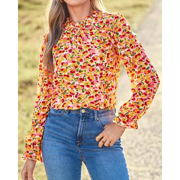 BTFBM Womens Long Sleeve Blouses Casual Boho Tops Frill Trim Mock Neck Floral Print 2024 Summer Fall Shirts Blouse TopFloral Pink