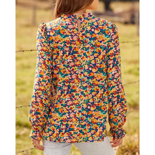 BTFBM Womens Long Sleeve Blouses Casual Boho Tops Frill Trim Mock Neck Floral Print 2024 Summer Fall Shirts Blouse TopFloral Royal Blue
