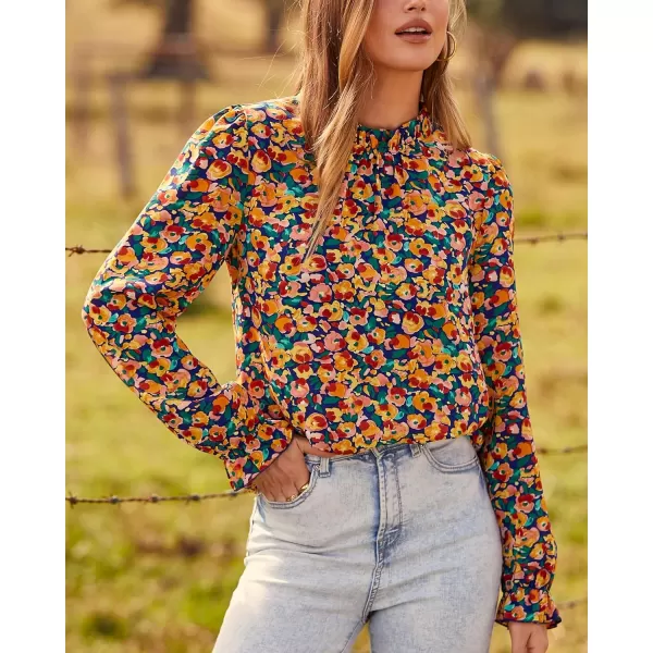 BTFBM Womens Long Sleeve Blouses Casual Boho Tops Frill Trim Mock Neck Floral Print 2024 Summer Fall Shirts Blouse TopFloral Royal Blue