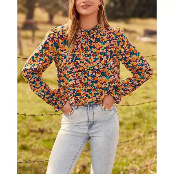 BTFBM Womens Long Sleeve Blouses Casual Boho Tops Frill Trim Mock Neck Floral Print 2024 Summer Fall Shirts Blouse TopFloral Royal Blue