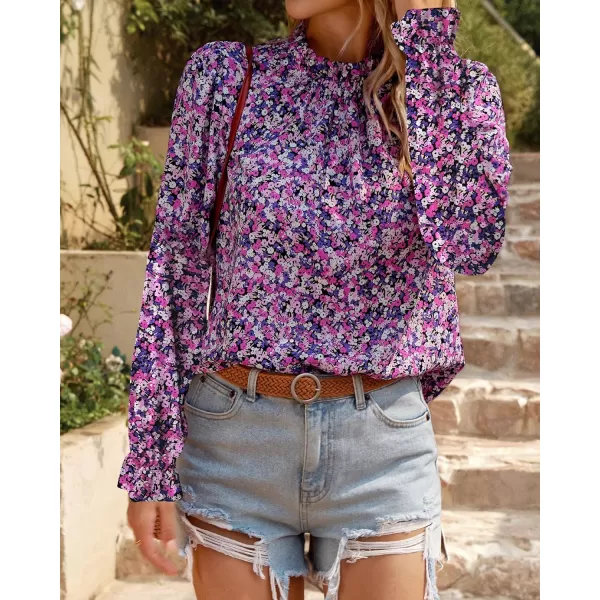 BTFBM Womens Long Sleeve Blouses Casual Boho Tops Frill Trim Mock Neck Floral Print 2024 Summer Fall Shirts Blouse TopFloral White Purple