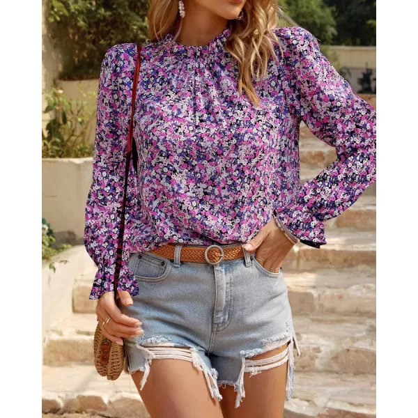 BTFBM Womens Long Sleeve Blouses Casual Boho Tops Frill Trim Mock Neck Floral Print 2024 Summer Fall Shirts Blouse TopFloral White Purple