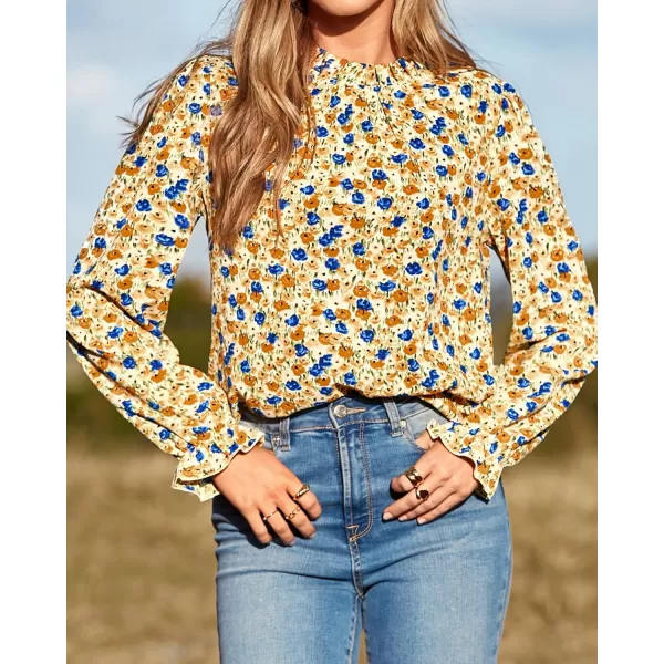 BTFBM Womens Long Sleeve Blouses Casual Boho Tops Frill Trim Mock Neck Floral Print 2024 Summer Fall Shirts Blouse TopFloral Yellow