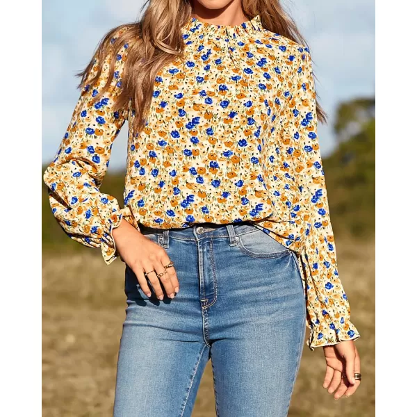 BTFBM Womens Long Sleeve Blouses Casual Boho Tops Frill Trim Mock Neck Floral Print 2024 Summer Fall Shirts Blouse TopFloral Yellow
