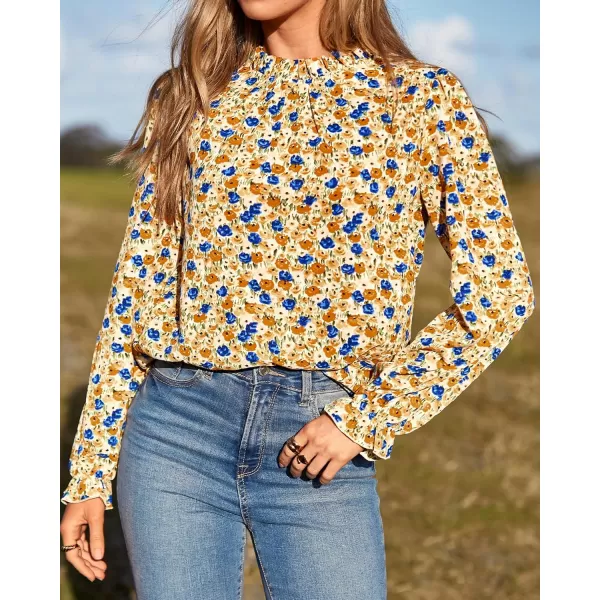 BTFBM Womens Long Sleeve Blouses Casual Boho Tops Frill Trim Mock Neck Floral Print 2024 Summer Fall Shirts Blouse TopFloral Yellow
