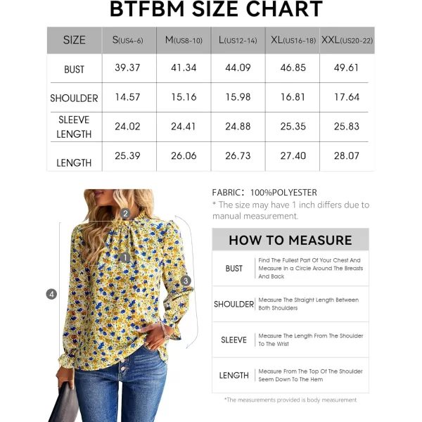 BTFBM Womens Long Sleeve Blouses Casual Boho Tops Frill Trim Mock Neck Floral Print 2024 Summer Fall Shirts Blouse TopFloral Yellow