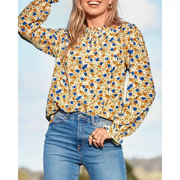 BTFBM Womens Long Sleeve Blouses Casual Boho Tops Frill Trim Mock Neck Floral Print 2024 Summer Fall Shirts Blouse TopFloral Yellow