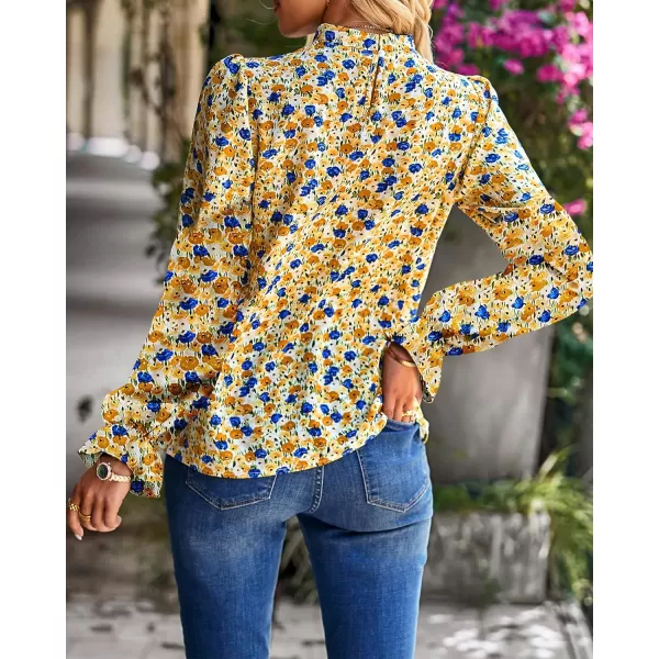 BTFBM Womens Long Sleeve Blouses Casual Boho Tops Frill Trim Mock Neck Floral Print 2024 Summer Fall Shirts Blouse TopFloral Yellow