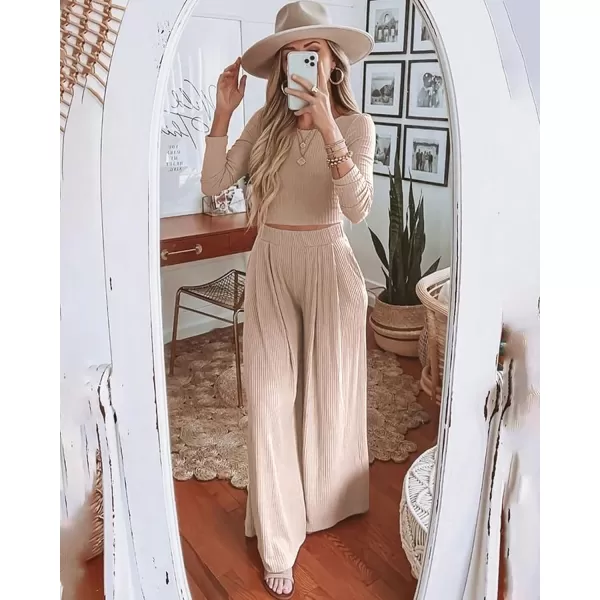 BTFBM Womens Two Piece Lounge Set Long Sleeve Bodycon Ribbed Knit Crop Top Loose Wide Leg Pant Casual Outfits SweatsuitSolid Apricot