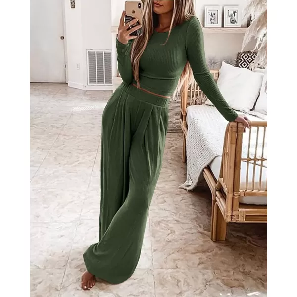 BTFBM Womens Two Piece Lounge Set Long Sleeve Bodycon Ribbed Knit Crop Top Loose Wide Leg Pant Casual Outfits SweatsuitSolid Army Green